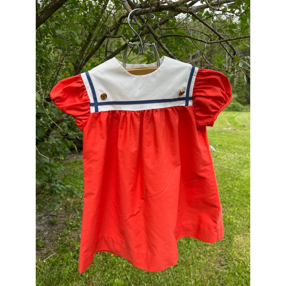1970s Girls 4 Nautical Summer Dress  Vintage Red Sailor Style